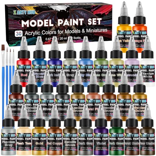 X ARTY HUB Model Paint Set - 30 Colors with 4 Brushes, Miniature Paints (Base/Skin Tones/Shadows/Metallics) for Airbrushing & Hand Painting, Acrylic Paint for Models, Miniatures & Wargaming Props - color: 30 Colors + 4 Brushes