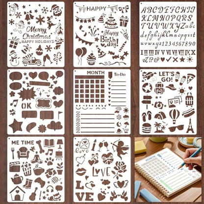 Yazhiji 8 PCS Scrapbook Stencils, Planner Stencils for Junk Journal Notebook Diary Scrapbook DIY Drawing Template Journal Stencil 5.5x6.3 Inch - style: Scrapbook Template