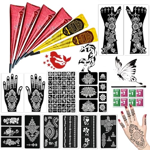 12 Sheets Temporary Tattoo Stencils Kit-Large 78 Pcs Tattoo Patterns-6 Pcs (Reddish-Brown/Black/Maroon) Ink with Paint Brush for DIY Body Art-Tattoos for Adults, Teens, Beginners，Family Fun & Parties - color: D-6Pcs