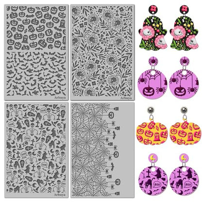 Pumpkin Spooky Bat Polymer Clay Texture Sheets for Earring Jewerly Making,Skulls Spider Web Texture Mat for Clay Projects Earrings Tools，4pcs/Pack - style: 4 Sheets