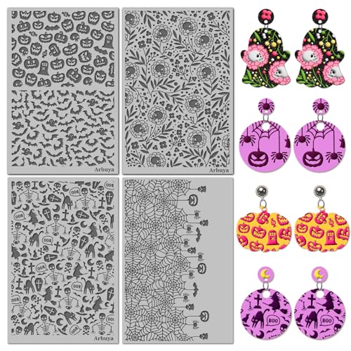 Pumpkin Spooky Bat Polymer Clay Texture Sheets for Earring Jewerly Making,Skulls Spider Web Texture Mat for Clay Projects Earrings Tools，4pcs/Pack - style: 4 Sheets