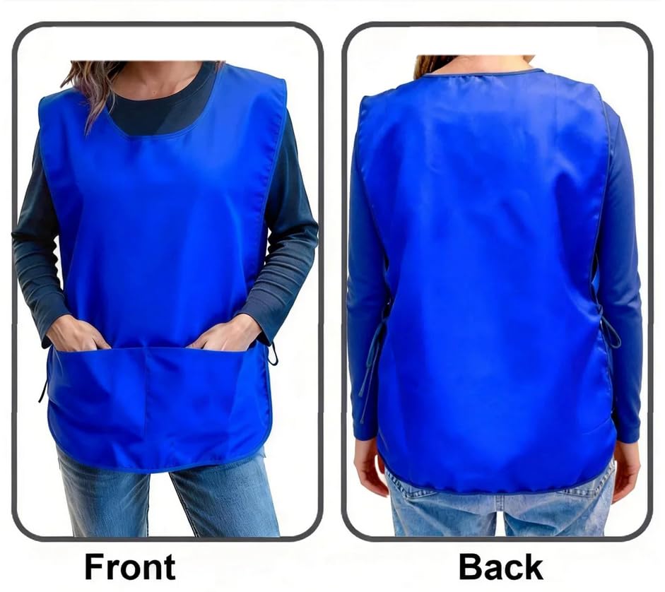 Large Smock Cobbler Apron for Men & Women, Adjustable Side Ties & 2 Pockets - color: Black +Blue