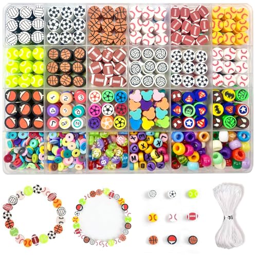1000PCS Polymer Clay Beads for Bracelet Making, 24 Style Sports Charms incl. Baseball Basketball Soccer Football Rugby Volleyball, DIY Jewelry Making Supplies Kit - color: C+Style