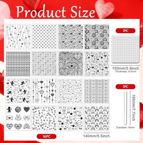 CHGCRAFT 16 Pcs Valentine's Day Set Polymer Clay Texture Sheet Love and Heart Silicone Clay Texture Mat for Polymer Clays Making Earrings Jewelry DIY Crafts 5.5 × 5.5 Inch