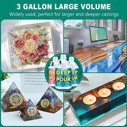 Teexpert Deep Pour Epoxy Resin, 3 Gallon Epoxy Resin Kit for 2-4" Pour Depths, Crystal Clear & High Gloss, Bubble-Free Casting Resin for River Tables, Flower Preservation and Mold Crafts - 2:1 Mix - size: 3 Gallon