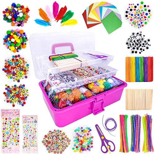 kortes Art and Craft Supplies for Kids, Toddler DIY Craft Art Supply Set Included Pipe Cleaners, Pom Poms, Feather, Folding Storage Box - All in One for Craft DIY Art Supplies, Rose Red - color: C0-Rosered