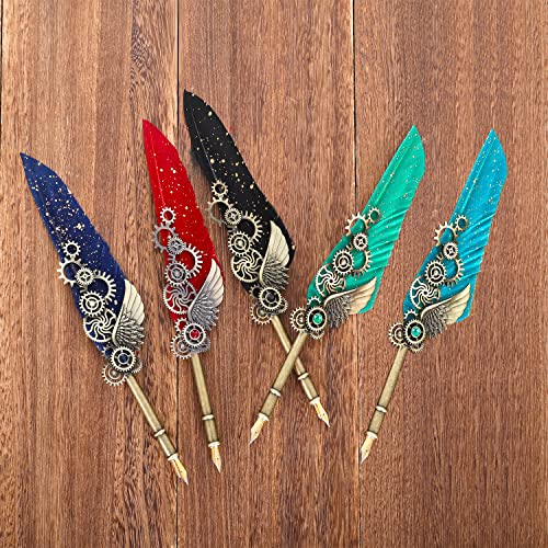 NC Quill Pen Ink Set, Feather Pen Includes 5 Bottles Ink and 6 Replaceable Stainless Steel Nibs, Mechanical Quill Calligraphy Pen for Writing, Letters, Invitations (Green) - color: Green