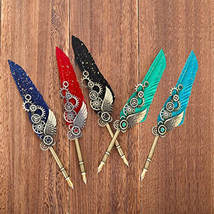 NC Quill Pen Ink Set, Feather Pen Includes 5 Bottles Ink and 6 Replaceable Stainless Steel Nibs, Mechanical Quill Calligraphy Pen for Writing, Letters, Invitations (Green) - color: Green