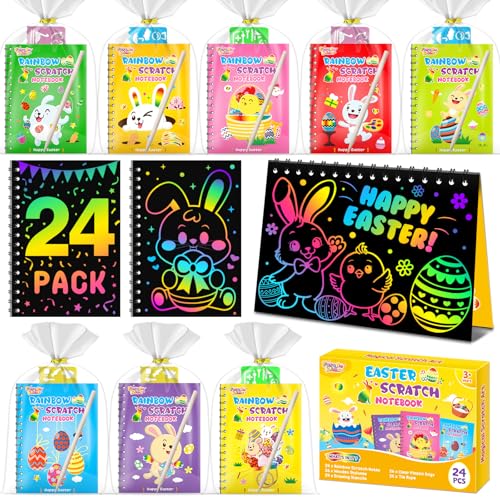 Party Favors for Kids: 24 Pack Easter Rainbow Scratch Art Notebook Classroom School Supplies Bulk for Girls Boys Goodie Bags Stuffers, Return Gifts for Birthday Party Gift Kid Crafts - style: 24 Pack Easter