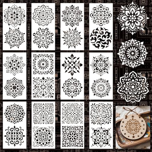 12 Sheets Mandela Painting Stencils, 24 Styles Mandela Dot Drawing Templates Reusable Geometric Border Stencil for Painting on Wall Wood Home Decor - style: Mandela