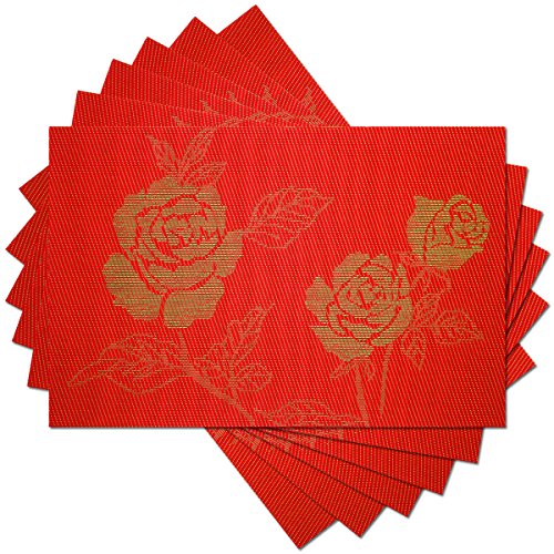 YOY Kitchen PVC Placemats - Dining Room Heat Insulation Stain-Resistant Eat Mats for Table - Rectangle Washable Recycled Non-Slip Woven Plastic Vinyl Simple Style Place Mats,Set of 6, Red - color: Red, size: Set of 6