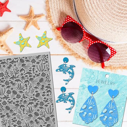 Ocean Sea Grass Polymer Clay Texture Mat - Fish Jellyfish Seahorse Texture Sheet for Polymer Clay Jewelry Making, Earring Charms, DIY Craft Supplies - style: ocean animals