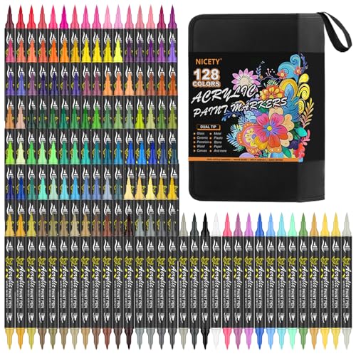 NICETY 128 Acrylic Paint Markers, Dual Tip Brush Paint Pens for Rock Painting, Wood, Glass, Stone, Canvas, Ceramic, Fabric - Fine & Brush Tip Water Based Acrylic Markers Pens - color: 128 Colors