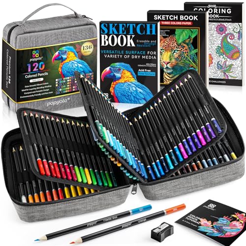 136 PCS Colored Pencils Set for Adult Coloring Books, 120 Colored Pencils with Sketchbook, Coloring Book, Sharpener, Soft Core Oil-Based Coloring Pencils for Artists Drawing Sketching Blending Shading - color: Gray