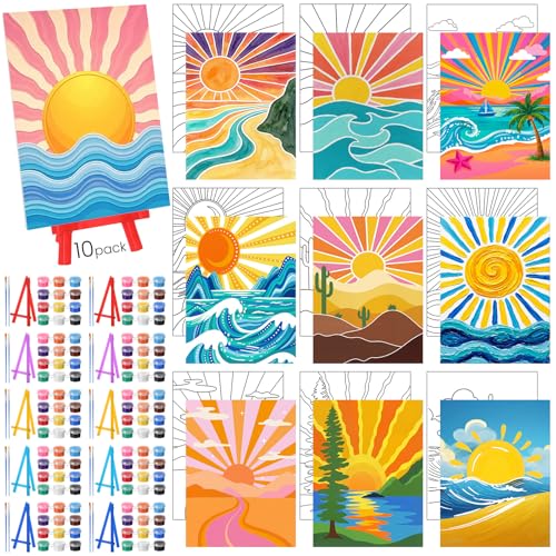 Blosssound 10 Set Pre Printed Sunrise Canvas Pre Drawn Canvas Painting with Easel Kits 5" x 7" Outline Painting Panels for Beginners, DIY Craft Project, Party Favor, Home Decors - style: Sunrise