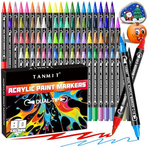 80 Colors Acrylic Paint Markers, Dual Tip Acrylic Paint Pens with Fine Tip and Brush Tip for Rock Painting, Ceramic, Wood, Plastic, Calligraphy, Scrapbooking, Brush Lettering, Card Making, DIY Crafts - color: 80 Colors