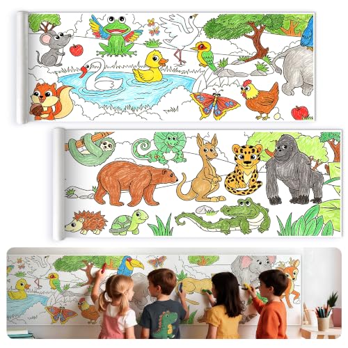 118" x 15" Giant Sticky Coloring Paper Roll for Kids Ages 4-8, Perforated for Easy Tearing Drawing Rolls, DIY Sticky Coloring Paper Roll for Kids Ages 4-8, Animal-Themed Drawing Rolls - color: Animal World
