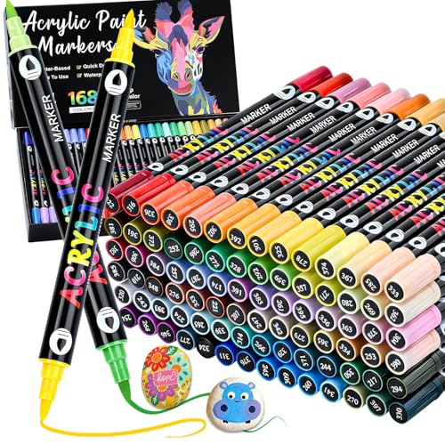 168 Colors Acrylic Paint Markers Pens Set, 84 Pack Dual Brush Tip Acrylic Paint Pens, Coloring Markers for Rocks, Wood, Canvas, Ceramic, Glass Painting Gifts for Teens, Art Painting Supplies Kit - color: 168 Colors 84 Pack_Brush Tip