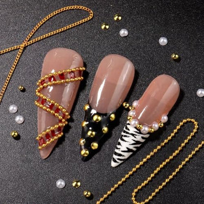 2 Boxes Strips Metal Chain Nail Art Charms Punk Luxury Pearl Gems Nail Rhinestones Chains Nail Charms for Acrylic Nails Bling Shiny Gold Silver Diamond Nail Jewelry for Women Nail Supplies DIY Crafts - color: bronze