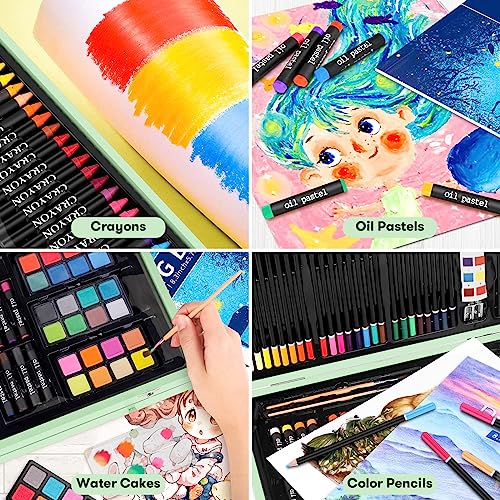 iBayam Art Supplies, 150-Pack Deluxe Wooden Art Set Crafts Drawing Painting Kit with 1 Coloring Book, 2 Sketch Pads, Creative Gift Box for Adults Artist Beginners Kids Girls Boys - color: Macaron green