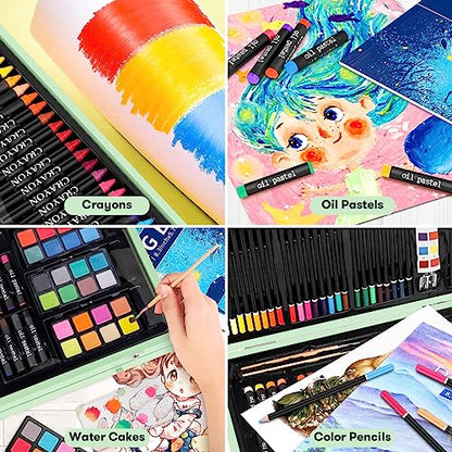 iBayam Art Supplies, 150-Pack Deluxe Wooden Art Set Crafts Drawing Painting Kit with 1 Coloring Book, 2 Sketch Pads, Creative Gift Box for Adults Artist Beginners Kids Girls Boys - color: Macaron green