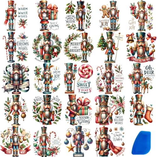 ZMRU 24 Sheets Vintage Christmas Rub On Transfers for Crafts, Rub On Transfers Christmas for Wood，Furniture Decals, Glass, Porcelain, Leather, Canvas, Fabric Projects,3 * 3inch - style: Christmas Nutcracker