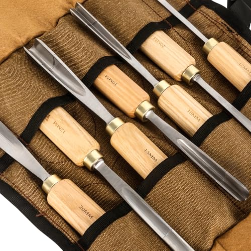7-Pieces Woodworking Wood Carving Tools Chisel Set with Canvas Bag, Gouges and Carving Chisel Set, Razor Sharp CR-V 60 Steel Blades - size: 7-Pieces with Ash Handle