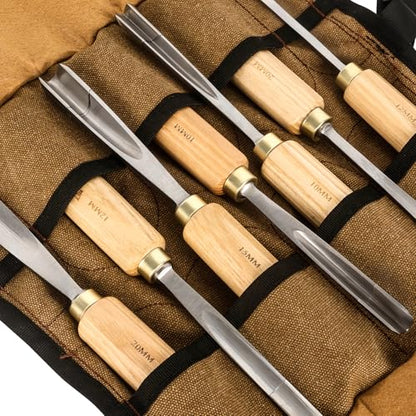 7-Pieces Woodworking Wood Carving Tools Chisel Set with Canvas Bag, Gouges and Carving Chisel Set, Razor Sharp CR-V 60 Steel Blades - size: 7-Pieces with Ash Handle