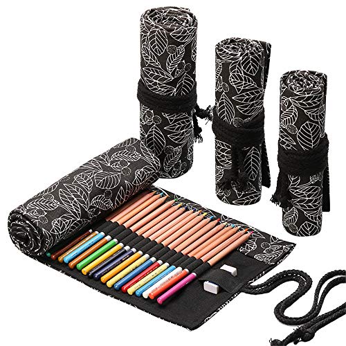Funny live 36/48/72 Slots Colored Pencil Wrap Pencils Roll Holder Coloring Pencils Organizer Holder Colored Pen Paint Brush Storage Pouch Portable for Artist Student (Black leaf, 72 Slots) - color: Black leaf, size: 72 Slots