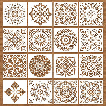 16 Pcs Mandala Stencils for Painting, 6x6 Inch Reusable Abstract Layering Stencils for Crafts Painting on Wood Floor Window Art Scrapbook Drawing Decoration - style: Mandala Stencils-2