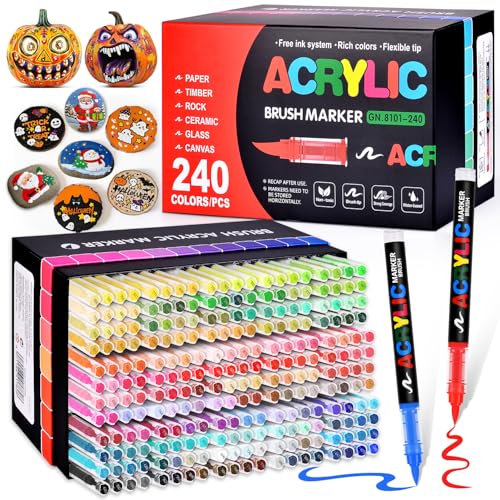 Acrylic Paint Markers Brush Tip 240 Colors, Direct-Liquid Ink Control System, Water-Based No-Bleed Premium Acrylic Paint Pens for School Art, Rock, Fabric, Wood, DIY Crafts (Includes Replacement Nibs) - color: 240 Colors