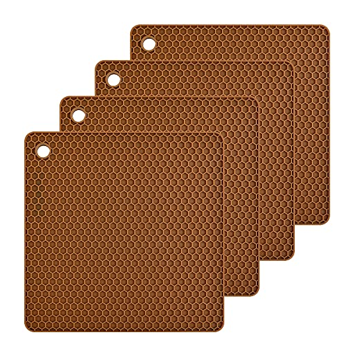 Brown Silicone Trivets Mats Square Silicone Rubber Pot Holder Trivet Mat for Hot Pan and Pot Hot Pads Counter Mat Heat Resistant Tablemat or Placemats 4 Pack,Size:7.5x7.5 Inch - color: O: Brown