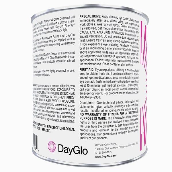 DayGlo Acrylic Latex Filteray UV Clear Coat for use with Screamin' SRX paints, Quart - style: QT-Quart