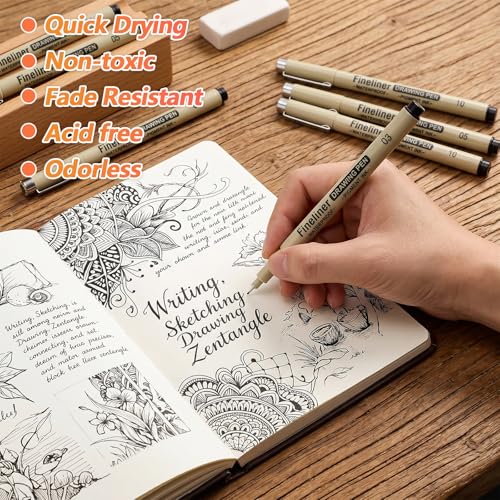 YUXIANLB 13pcs Micro Fineliner Drawing Art Pens, Black Waterproof Fine Line Pigment Ink Set Artist Supplies Archival Quality Inking Markers Liner Sketch Outline Zentangle Kit Stuff Detail Outlining