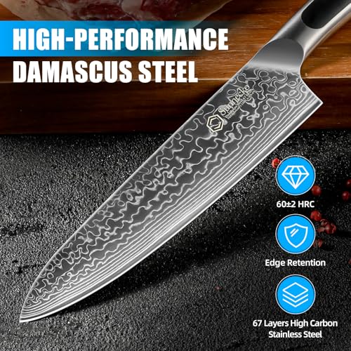 Sunnecko Damascus Kitchen Knife Set 5 Piece, Sharp Chef Knife Set Professional Kitchen Knives Sets Full Tang with Gift Box - size: Set of 5