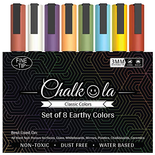Chalkola Fine Tip Chalkboard Chalk Markers (8 Pack 3mm) Classic Earth Color Ink - Erasable Dry Erase Marker Pens for Blackboards, Bistro, Window | 3mm Reversible Bullet & Chisel Point - size: Fine Tip - 3mm