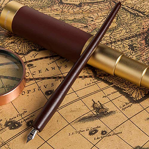 Wooden Quill Pen wiht Ink Set Handcrafted Wooden Callgraphy Pen Writing Dip Ink Pen Gift Set with 11pcs Metal Pen Nibs &Black Ink