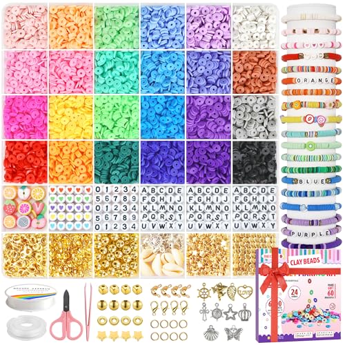 Redtwo 6200 Clay Beads Bracelet Making Kit, 24 Colors Flat Preppy Beads for Friendship Bracelets, Polymer Clay Bead with Charms for Jewelry Making, Crafts Gifts for Girls Ages 6-12 - color: 24 Colors