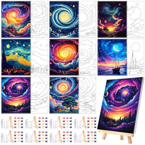 Humyoun 8 Sets 8" x 10" Starry Sky Pre Drawn Canvas to Paint for Sip and Paint Party Starry Sky Predrawn Coloring Set Pre Sketched Canvas Boards with Paints and Brushes for Adult - style: Starry Sky