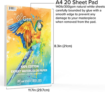 GenCrafts 100% Cotton Watercolor Paper Pad - A4 8.3x11.7-20 Sheets (140lb/300gsm) - Cold Press Acid Free Art Sketchbook Pad for Painting & Drawing, Wet, Mixed Media