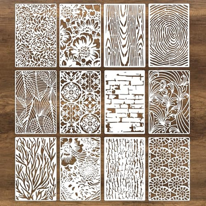 12Pcs Mixed Media Stencils for Crafts, Reusable Stencils for Painting, Wood Grains Flower Texture Templates Geometric Layering Spray Paint Stencils Kit on Wall Canvas Cake Card DIY Art (11×7'') - size: 2.0