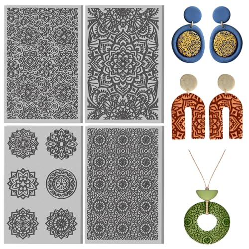 4 Sheets Mandala Flowers Clay Texture Mat Art Tribal Texture Polymer Clay Texture Sheets DIY Tools for Pottery Earring Jewelry Making Stamp Engraving Machines, 3.9x2.6inch - color: Tribal Texture