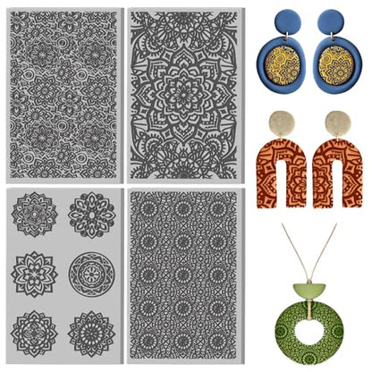 4 Sheets Mandala Flowers Clay Texture Mat Art Tribal Texture Polymer Clay Texture Sheets DIY Tools for Pottery Earring Jewelry Making Stamp Engraving Machines, 3.9x2.6inch - color: Tribal Texture