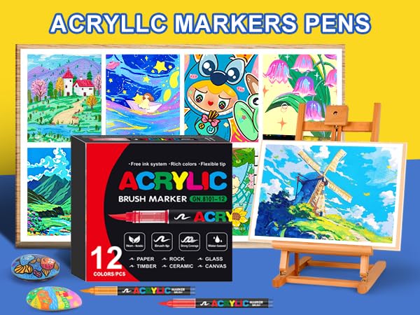 Amamao Acrylic Paint Markers, Soft Brush Tip Pens and Markers, Acrylic Paint Pens for Wood, Stone, Canvas, Glass, Fabric, Egg, Rock Painting and DIY Crafts Art Supplies (12) - style: 12 BOX