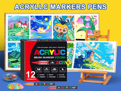Amamao Acrylic Paint Markers, Soft Brush Tip Pens and Markers, Acrylic Paint Pens for Wood, Stone, Canvas, Glass, Fabric, Egg, Rock Painting and DIY Crafts Art Supplies (12) - style: 12 BOX