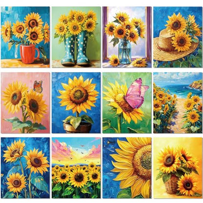 Engrowtic 12 Pcs 8 x 10'' Sunflower Flower Pre Drawn Canvas to Paint Pre Printed Sketched Canvas for Adult Ladies Paint Art Party Favor Board Set for Craft(Bright Style) - style: Bright Style