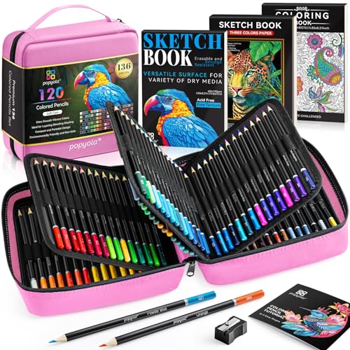136 PCS Colored Pencils Set for Adult Coloring Books, 120 Colored Pencils with Sketchbook, Coloring Book, Sharpener, Soft Core Oil-Based Coloring Pencils for Artists Drawing Sketching Blending Shading - color: Pink