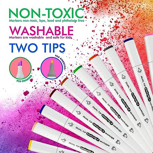 Air Brush Marker Sprayer Set for Kids w 12 Washable Markers & 20 Stencils | Creative Activity for Boys & Girls Ages 5 6 7 8 9 – Arts & Crafts DIY Travel Indoor & Outdoor Perfect Kids Birthday Gift