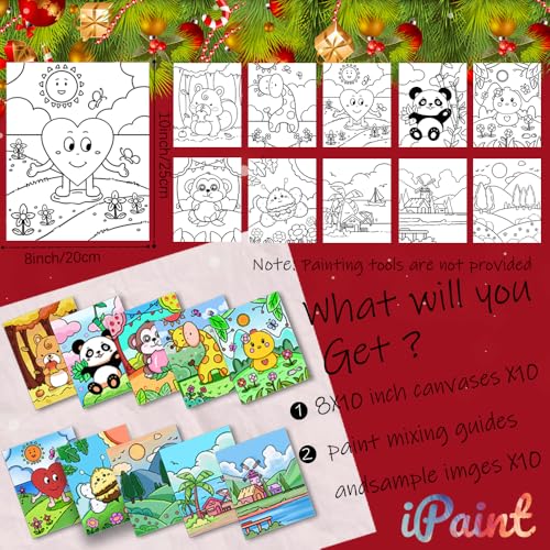 10Pcs Paint and Sip kits for Boys Girls Kids,Pre Drawn Canvas for Kids,Cute Pre Stretched Painting Canvas with Pictures to DIY Acrylic Painting Kits Christmas Party Night,8x10 Painting Canvas for Kids