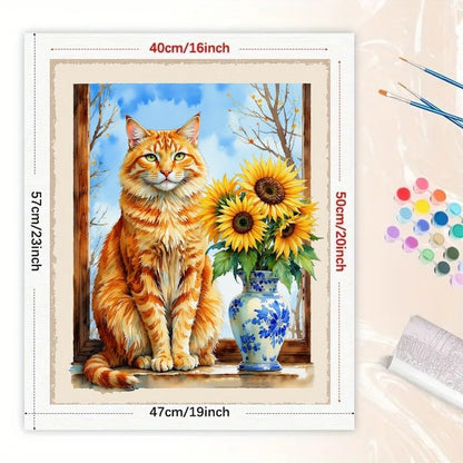 Animal Paint by Numbers Kit for Adults - DIY Orange Tabby Cat and Sunflowers Painting on Canvas 16x20 Inches, Acrylic Paint Set, Suitable for Beginners, Pet Art for Home Decoration or Gifts